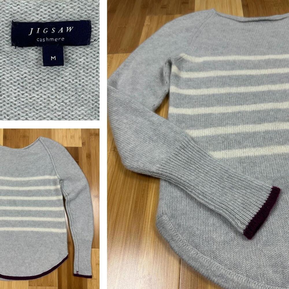 JIGSAW Cashmere Sweater Jumper Sz Med Grey w/ Cream Stripes Purple Cuff & Trim